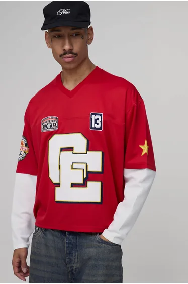 Oversized Boxy Mesh Faux Layer Applique Hockey Top - red