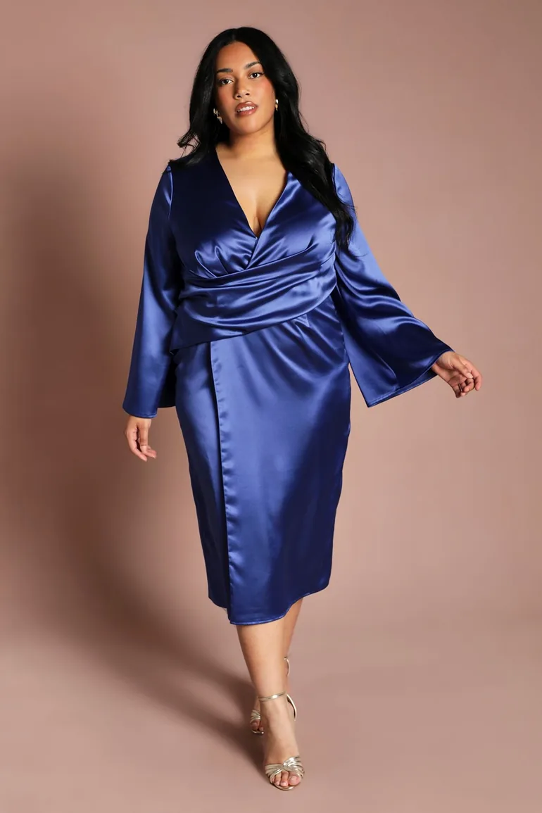 Plus Satin Wrap Front Dress With Flare Sleeve Coast Fashion Navy : Dresses : VogaCloset Oman Plus Satin Wrap Front Dress With Flare Sleeve Coast Fashion Navy : Dresses : VogaCloset Oman