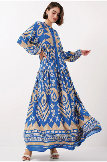 BDART Printed V-Neck Maxi Dress with Button Closure