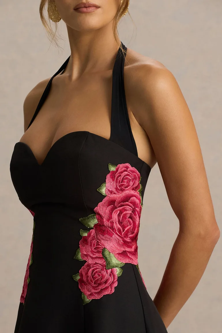 Tillie | Black Halter-Neck Midi Dress - 2