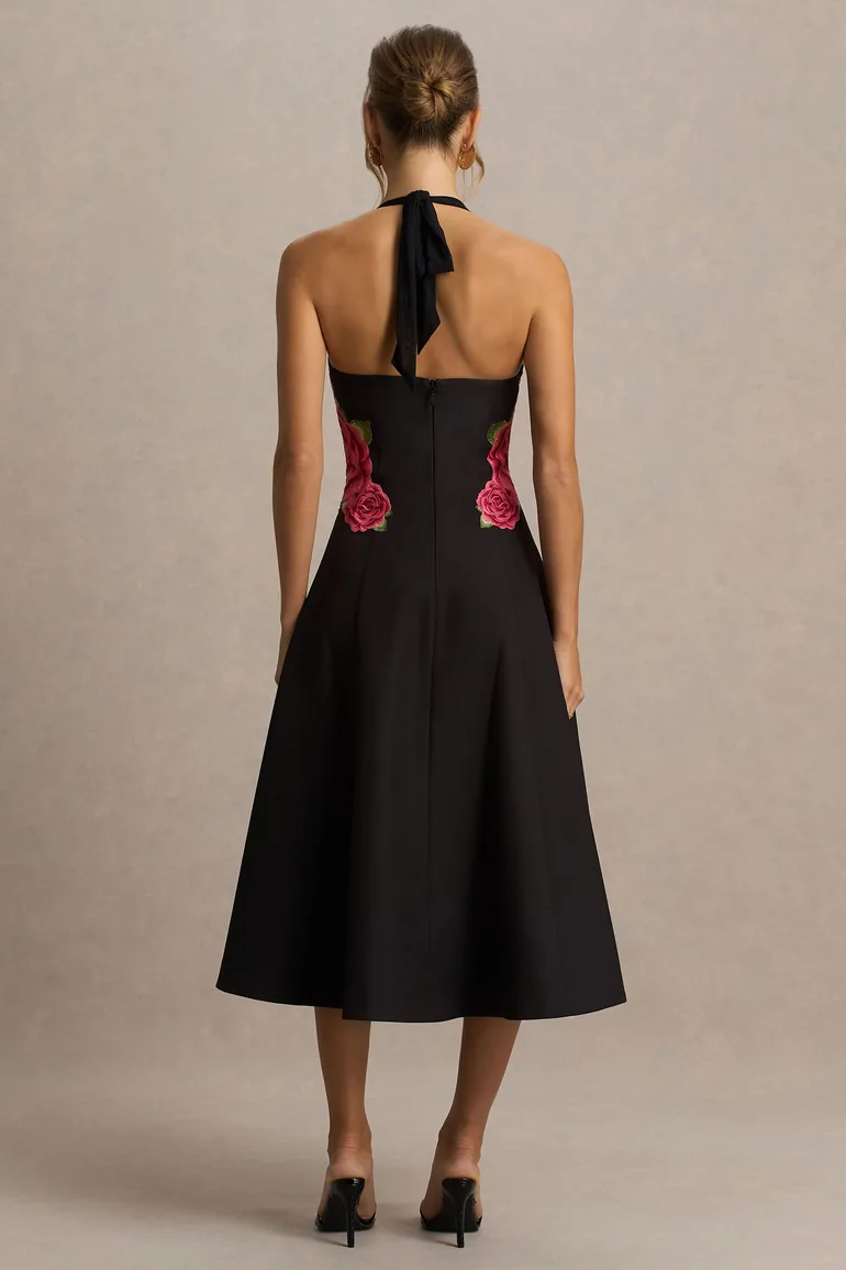 Tillie | Black Halter-Neck Midi Dress - 1