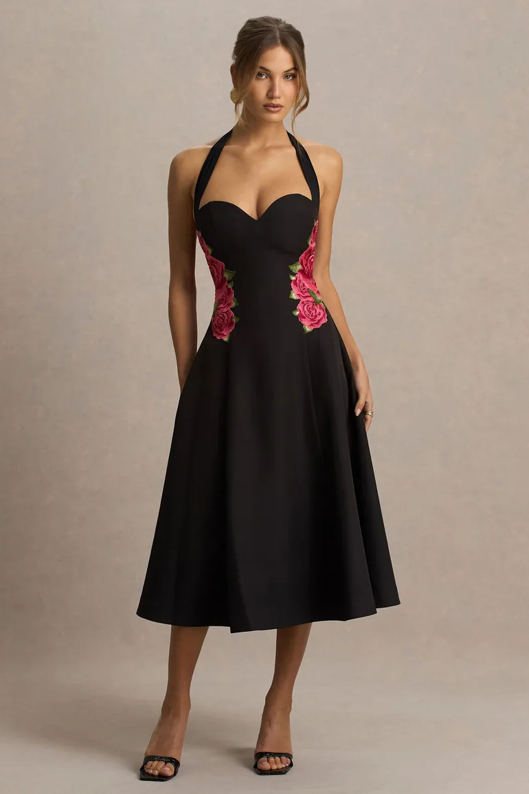 Tillie | Black Halter-Neck Midi Dress - 4