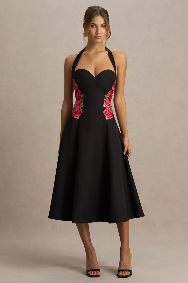 Tillie | Black Halter-Neck Midi Dress - 3