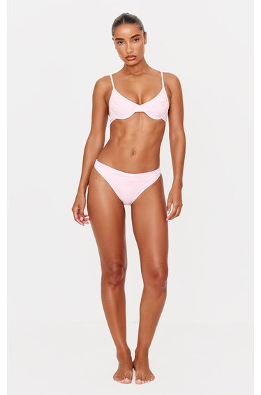 Pink Textured Floral High Leg Bikini Bottoms