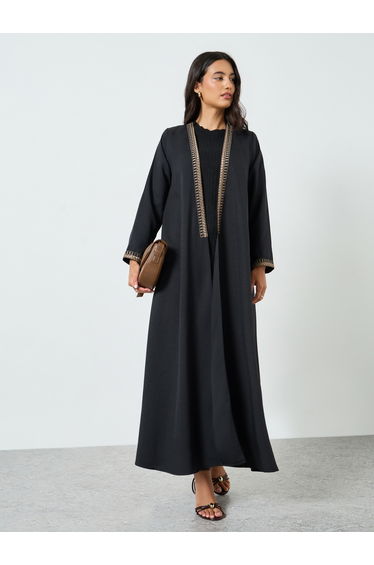 Black Embroidered Open Front Abaya