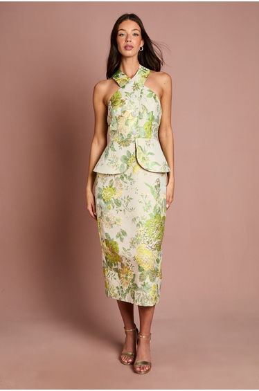 Cross Neck Peplum Hem Jacquard Pencil Skirt