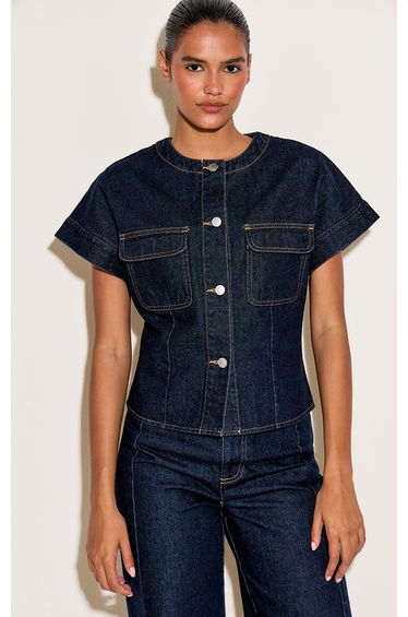 Indigo Round Neck Pocket Detail Cropped Denim Shirt