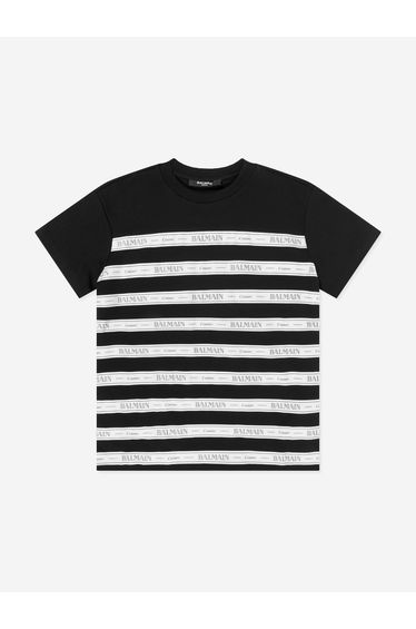 Balmain Girls Striped Logo Jersey Dress in Black