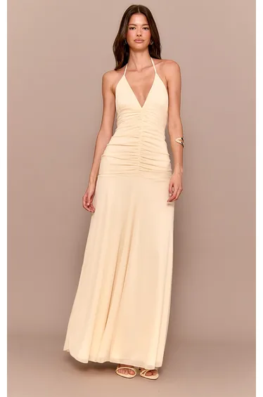 Cream Ruched Detail Strappy Maxi Dress