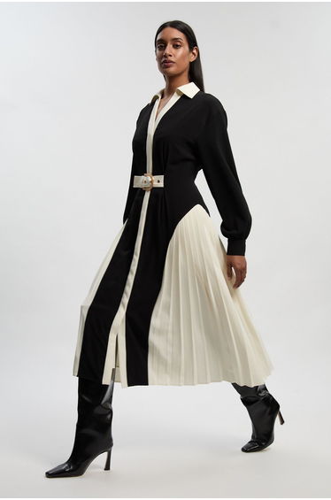 Tailored Crepe Colour Block Belted Pleated Midi Dress