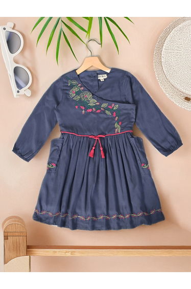 Floral Embroidered Wrap Knee-Length Dress