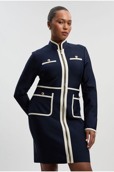 Petite Figure Form Bandage Knit Piping Detail Military Dress