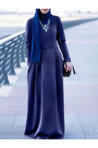 Blue Pleated Long Sleeve Maxi Dress