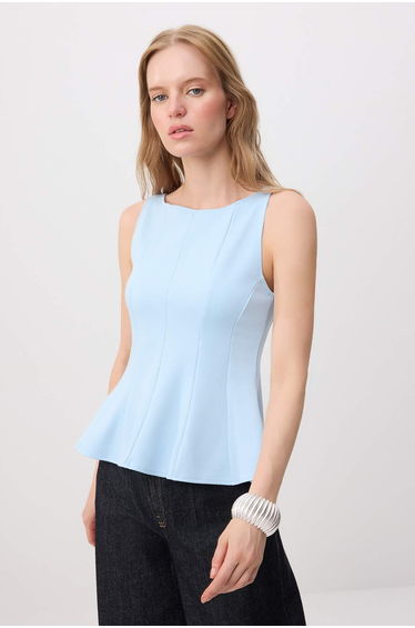 Blue Peplum/Waist Fitted Boat Neck Stretch Knit Blouse