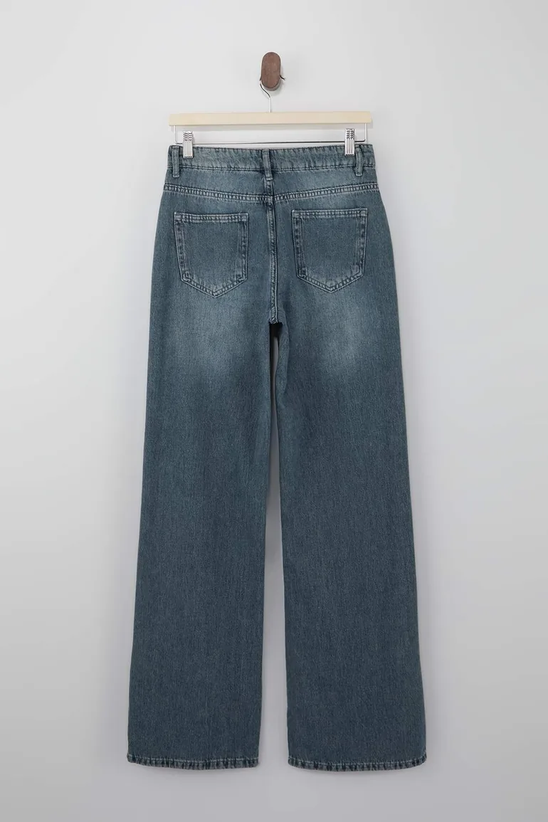 Blue Draped High Waist Wide Leg 100% Cotton Jeans - 1