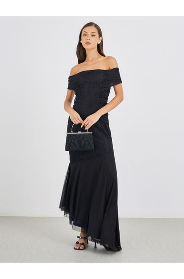Lace Detail Off Shoulder Asymmetric Hem Maxi Dress
