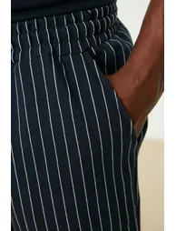 Navy Blue Men's Regular Fit Bottom Striped Pajamas Set. - 3