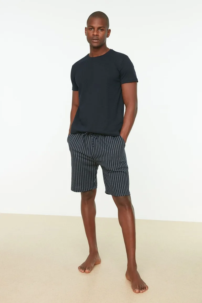 Navy Blue Men's Regular Fit Bottom Striped Pajamas Set. - 1