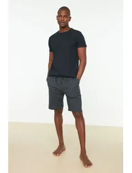 Navy Blue Men's Regular Fit Bottom Striped Pajamas Set. - 1