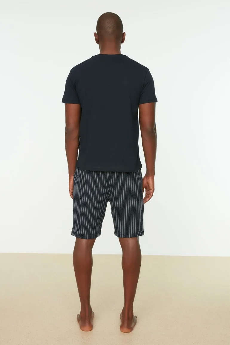 Navy Blue Men's Regular Fit Bottom Striped Pajamas Set. - 4