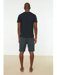 Navy Blue Men's Regular Fit Bottom Striped Pajamas Set. - 4
