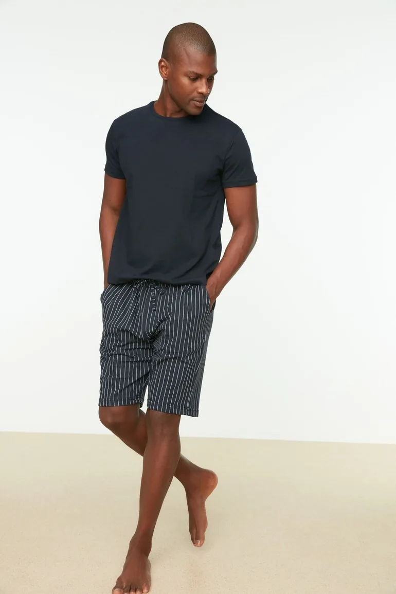 Navy Blue Men's Regular Fit Bottom Striped Pajamas Set.