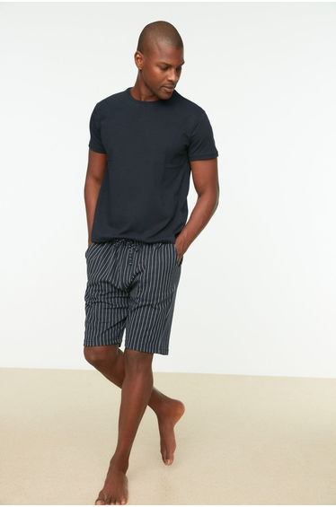 Navy Blue Men's Regular Fit Bottom Striped Pajamas Set.
