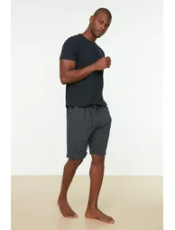 Navy Blue Men's Regular Fit Bottom Striped Pajamas Set. - 2