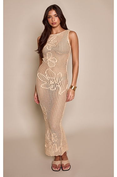 Beige Flower Rope Detail Crochet Knit Maxi Dress