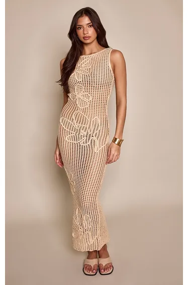 Beige Flower Rope Detail Crochet Knit Maxi Dress