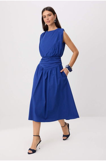 Navy Blue Poplin Corsage Detailed Midi Woven Dress