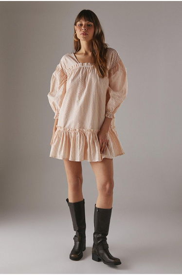 Seersucker Check Frill Balloon Sleeve Mini Smock Dress