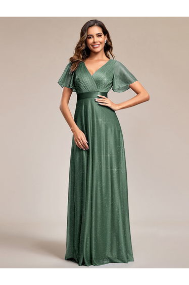ever LIORÉ|Plus Size V Neck Ribbon Waist Formal Evening Dress With Sleeves