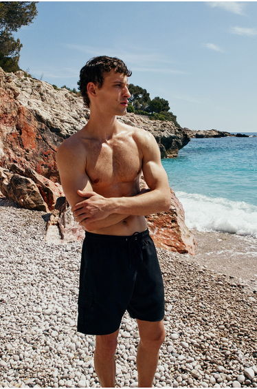 Black Cargo Pocket Standard Length Swim Shorts