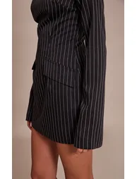 Black Pinstripe High Neck Flute Sleeve Bodycon Dress - 3
