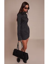 Black Pinstripe High Neck Flute Sleeve Bodycon Dress - 2