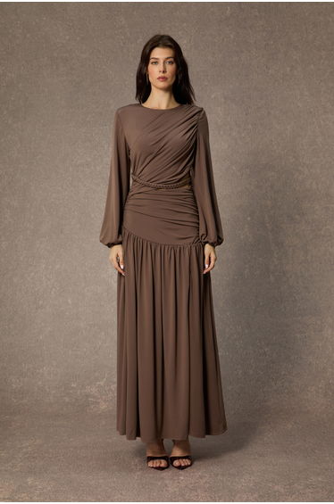 Beyond Classy Brown Asymmetric Ruched Maxi Dress
