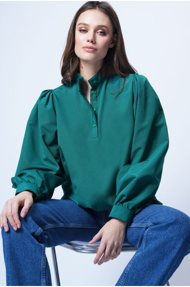 Women's Emerald Green Judge Collar Half Placket Balloon Sleeve Poplin Shirt Blouse