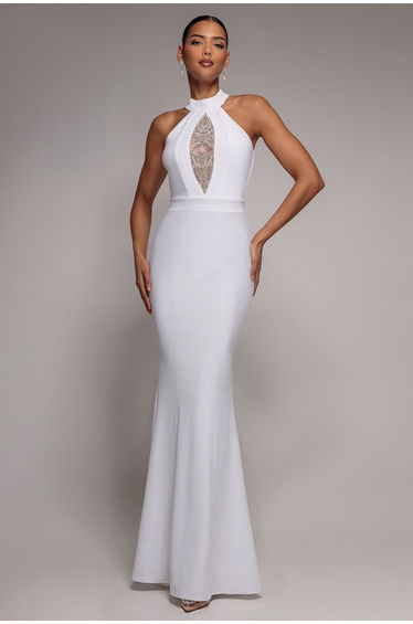 Embellished High Neck Back Cut Out Maxi Dress - White by Goddiva