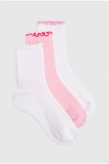 Ribbed Frilled Contrast Trim Socks 3 Pack - pink
