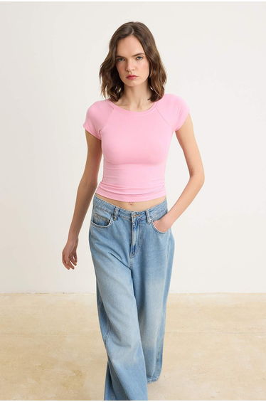 Pink Regular/Normal Fit Raglan Sleeve Short Sleeve Soft Knitted T-Shirt