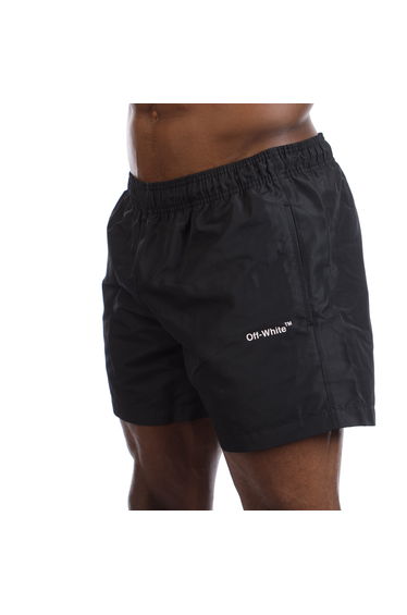 Men's Off White Diagonal Outline Swim Shorts in Black