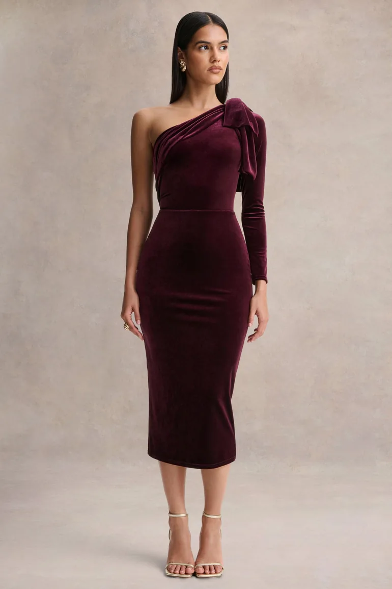 Vespera | Burgundy Velvet Asymmetric-Neck Midi Dress With Bow Detail - 3