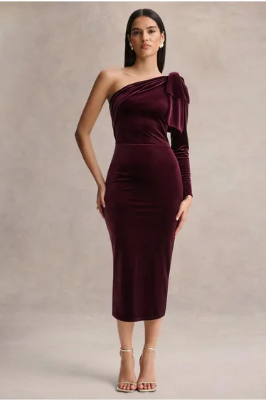 Vespera | Burgundy Velvet Asymmetric-Neck Midi Dress With Bow Detail