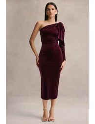 Vespera | Burgundy Velvet Asymmetric-Neck Midi Dress With Bow Detail