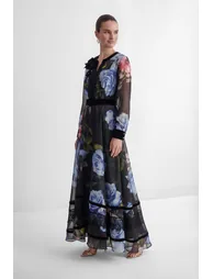 Antique Roses Black Floral Applique Sheer Sleeve Maxi Dress - 4