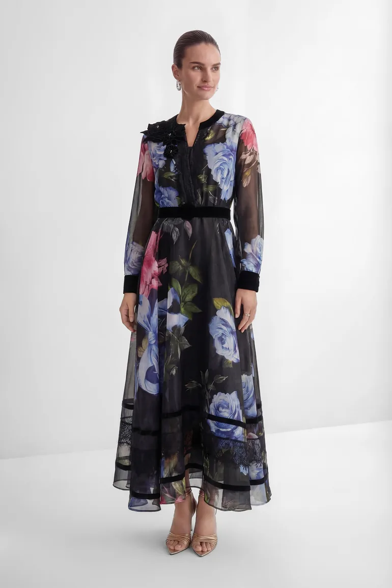 Antique Roses Black Floral Applique Sheer Sleeve Maxi Dress - 2