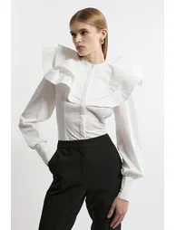 Lydia Millen Tall High Neck Ruffle Woven Cotton Shirt