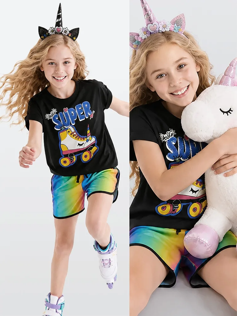 Unicorn Skating Girls T-shirt Shorts Set