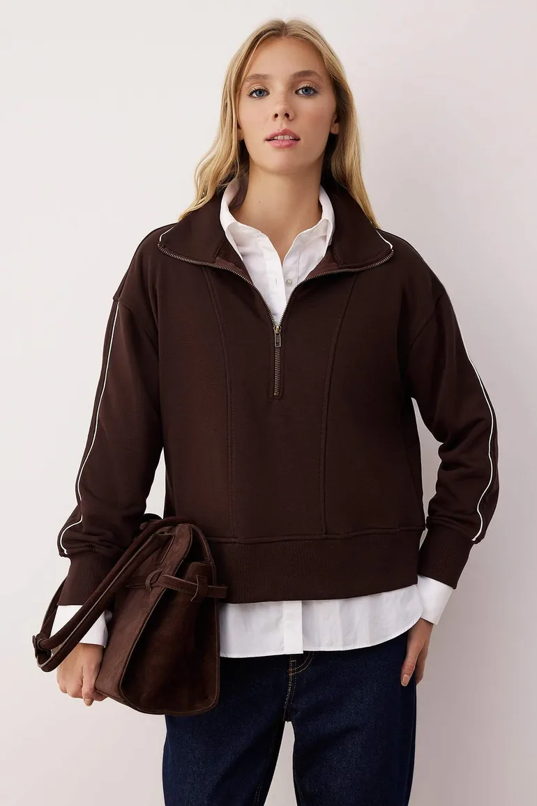 Brown Zippered Polo Collar Stripe Detailed Regular Cut Knitted Sweatshirt